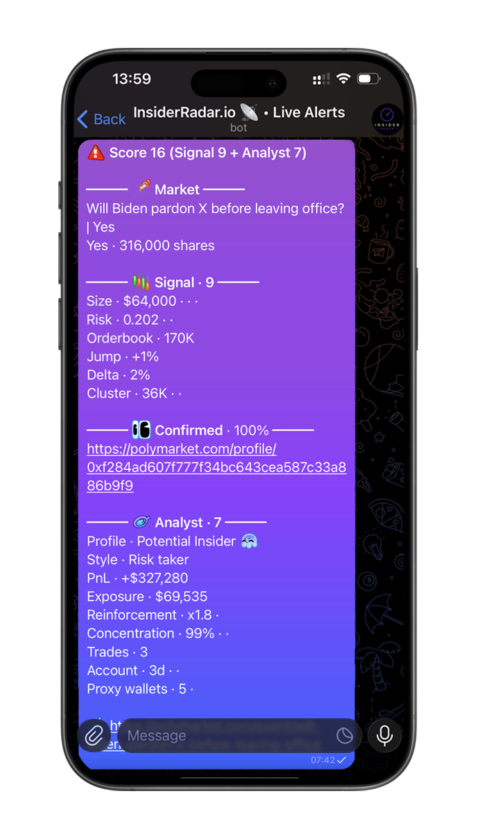 InsiderRadar full alert on iPhone — market, score, trader profile